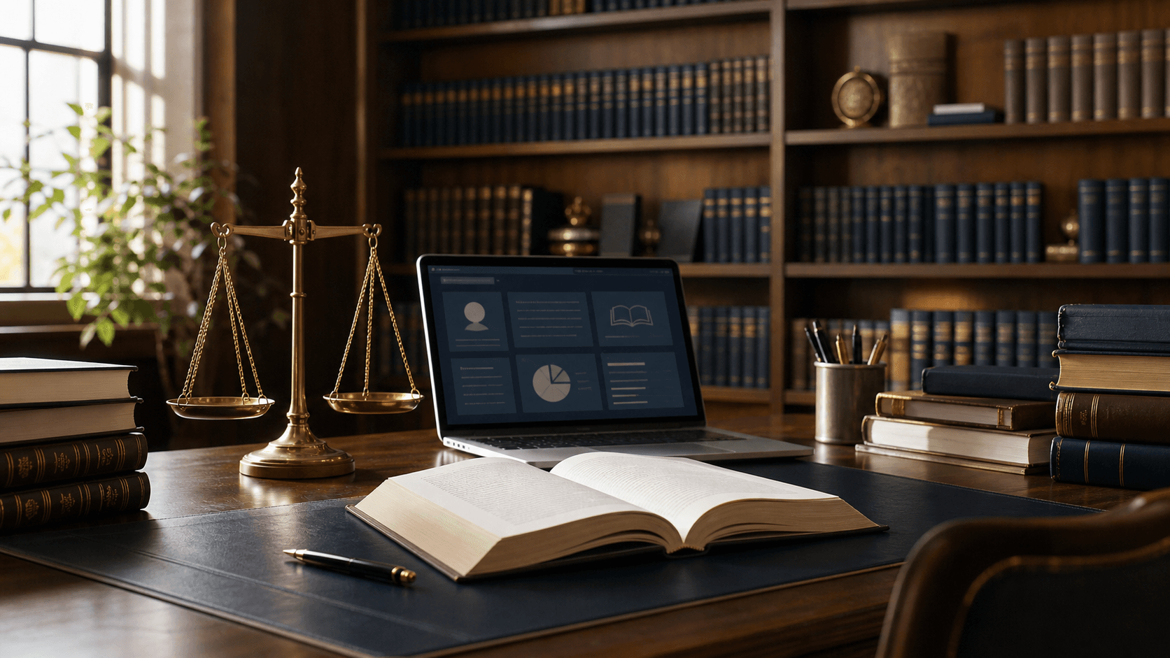 A refined legal study room with law books, scales of justice, an open casebook, and a laptop